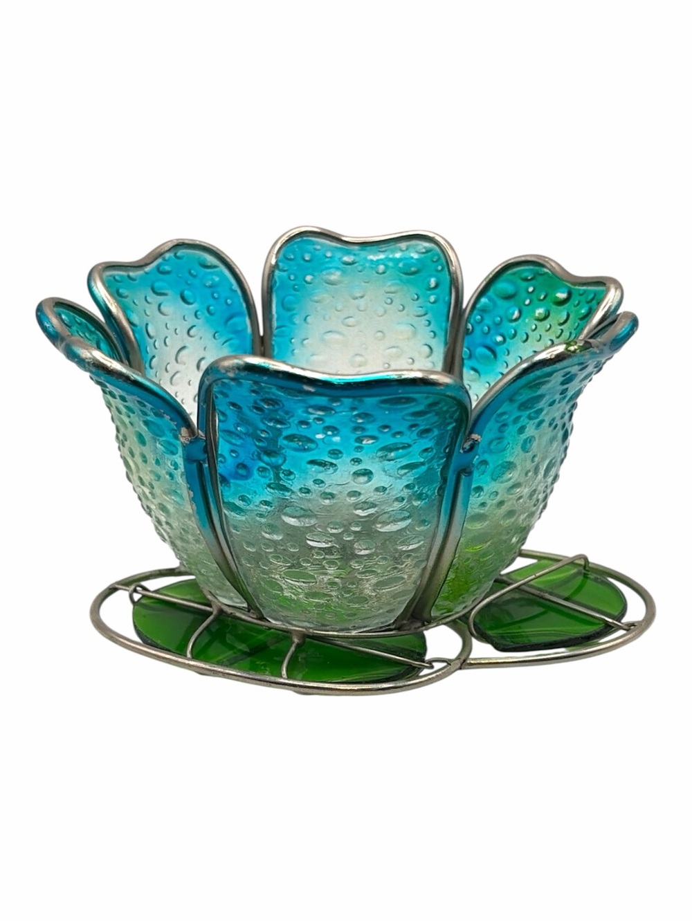 Lotus Flower Lily Pad Stained Glass & Metal Candle Votive Holder Turquoise Green